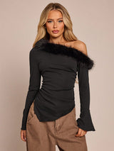 Glamine Elegant Fuzzy Trim Asymmetric Collar Fitted Long Sleeve Women Tops BY SHEIN 