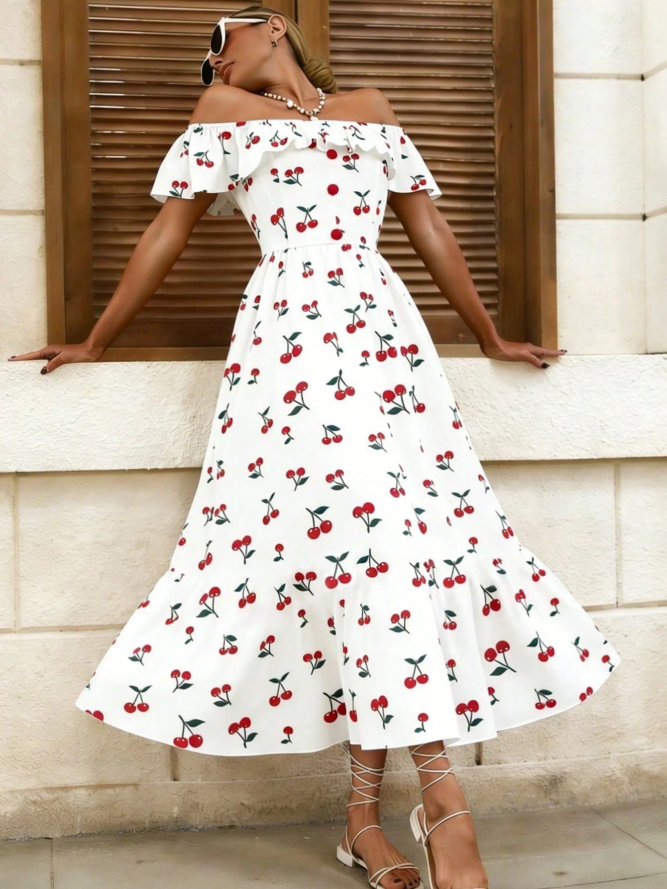 GlowEve New Arrival Off-Shoulder Woven Printed Dress With Waist Drawstring Design BY SHEIN 