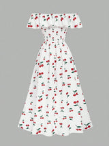 SHEIN GlowEve New Arrival Off-Shoulder Woven Printed Dress With Waist Drawstring Design