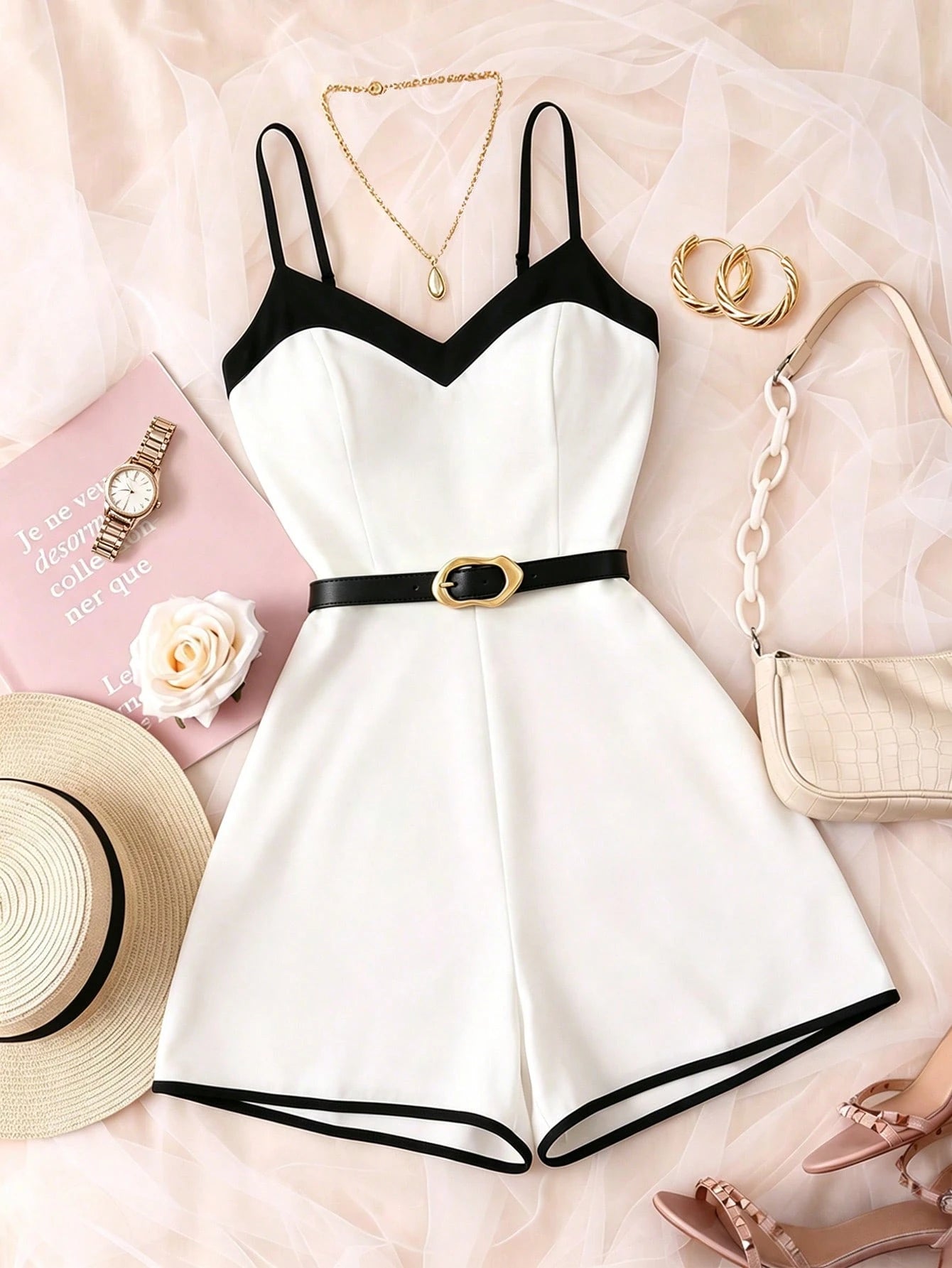 White and black sleeveless romper with a black belt featuring a gold buckle, styled in a flat lay with a straw hat, pink book, rose, gold necklace, watch, chain bag, and heels on a pink fabric background.