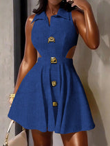 Glyssa Women's Royal Blue Chic Summer Sleeveless Lapel Hollow A-Line Dress BY SHEIN 
