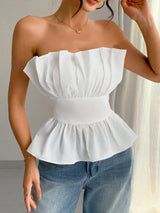 INAWLY Off Shoulder Ruffled Hem Crop Top Peplum with shirred body and backless design in a plain style