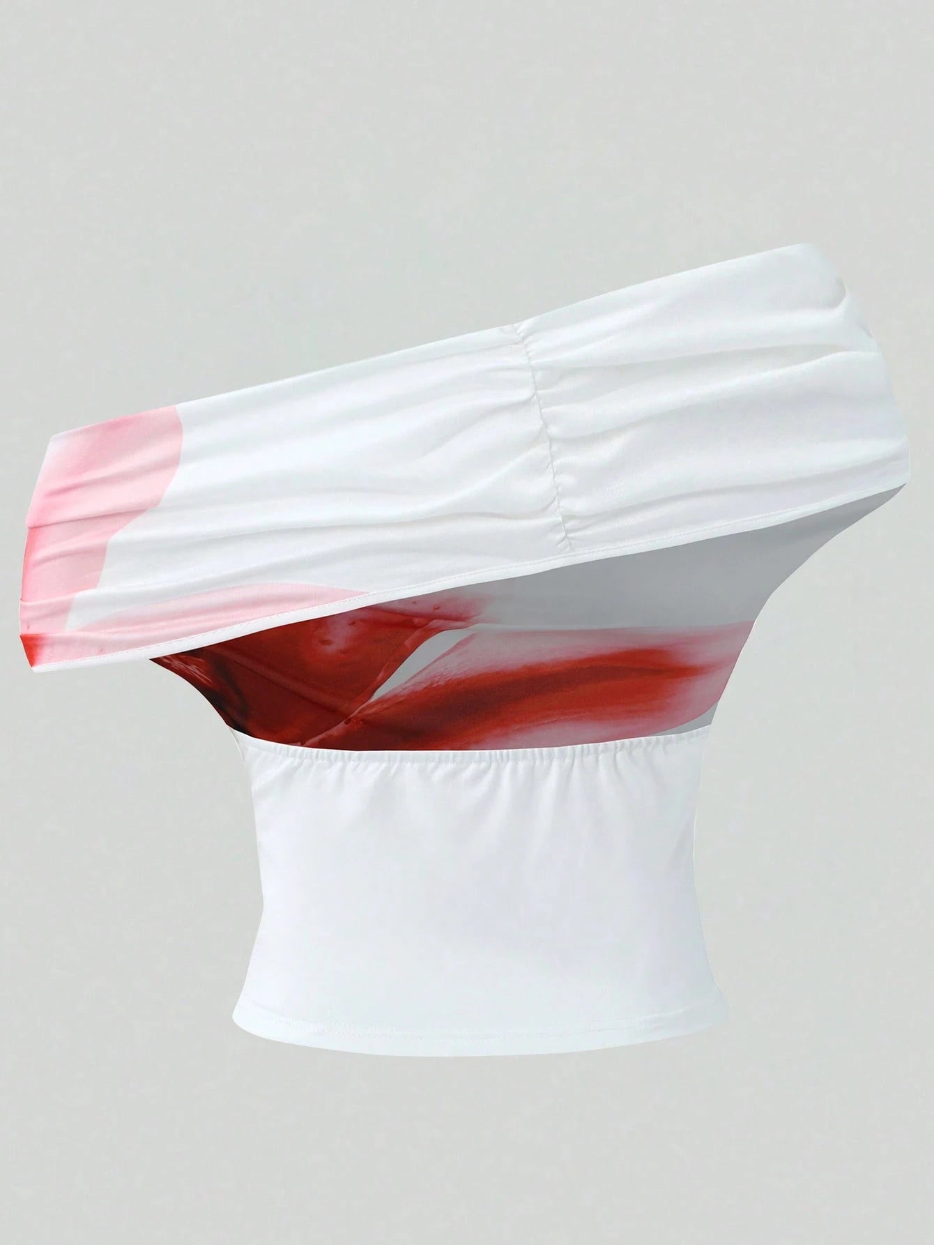 White bandeau top with red and pink gradient on a light gray background
