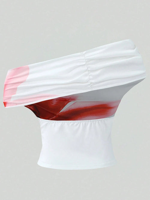 White bandeau top with red and pink gradient on a light gray background