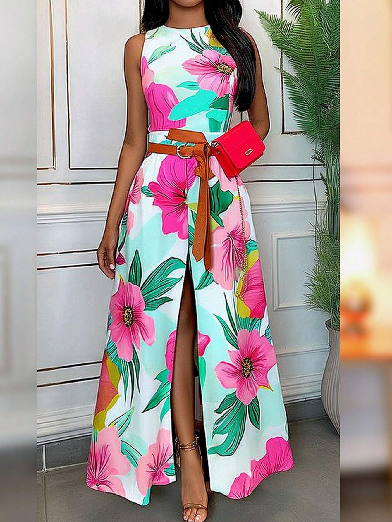 SHEIN LUNE Women Romantic Floral Print Dress With High Side Slit, Country Style