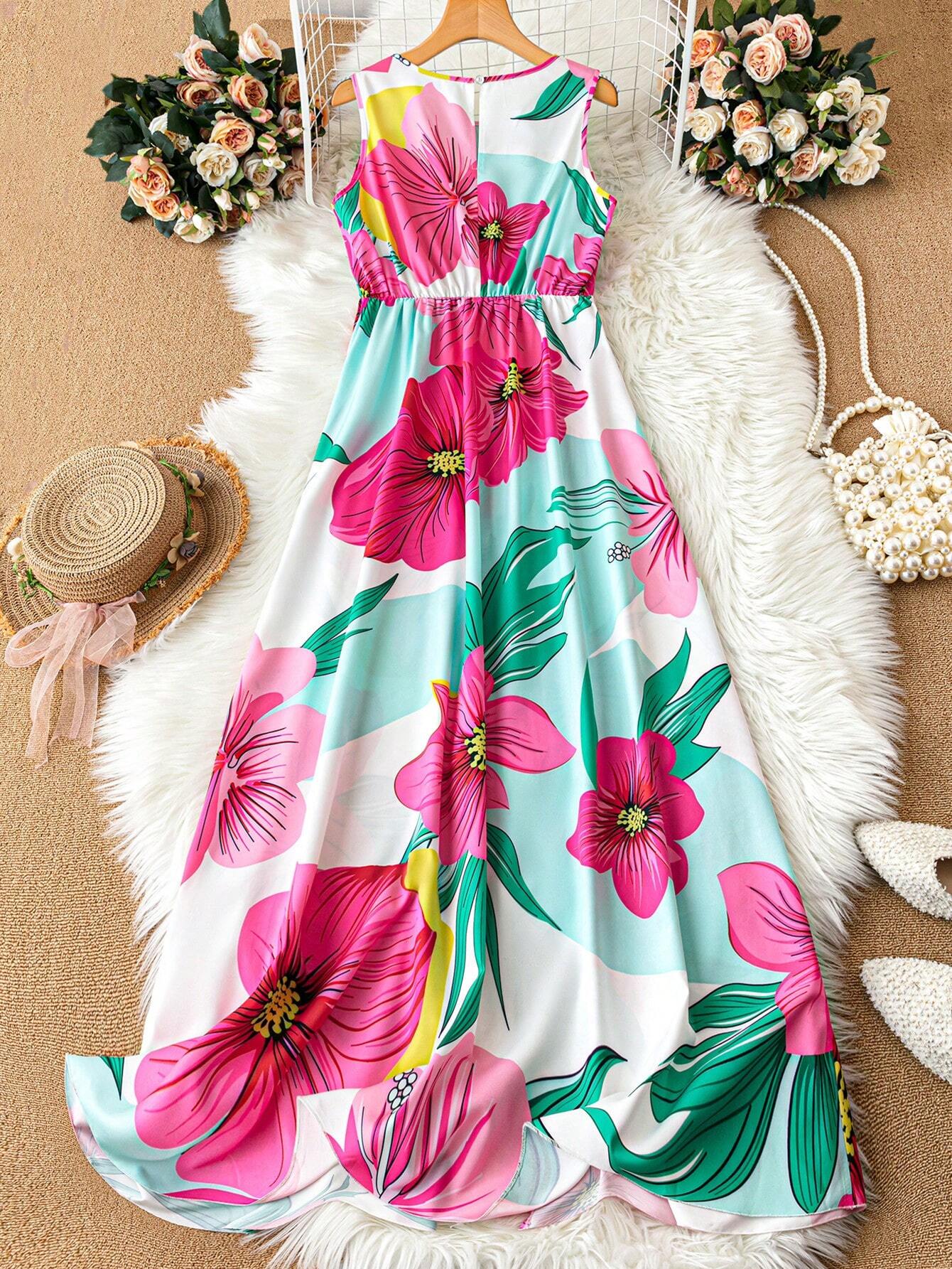 SHEIN LUNE Women Romantic Floral Print Dress With High Side Slit, Country Style