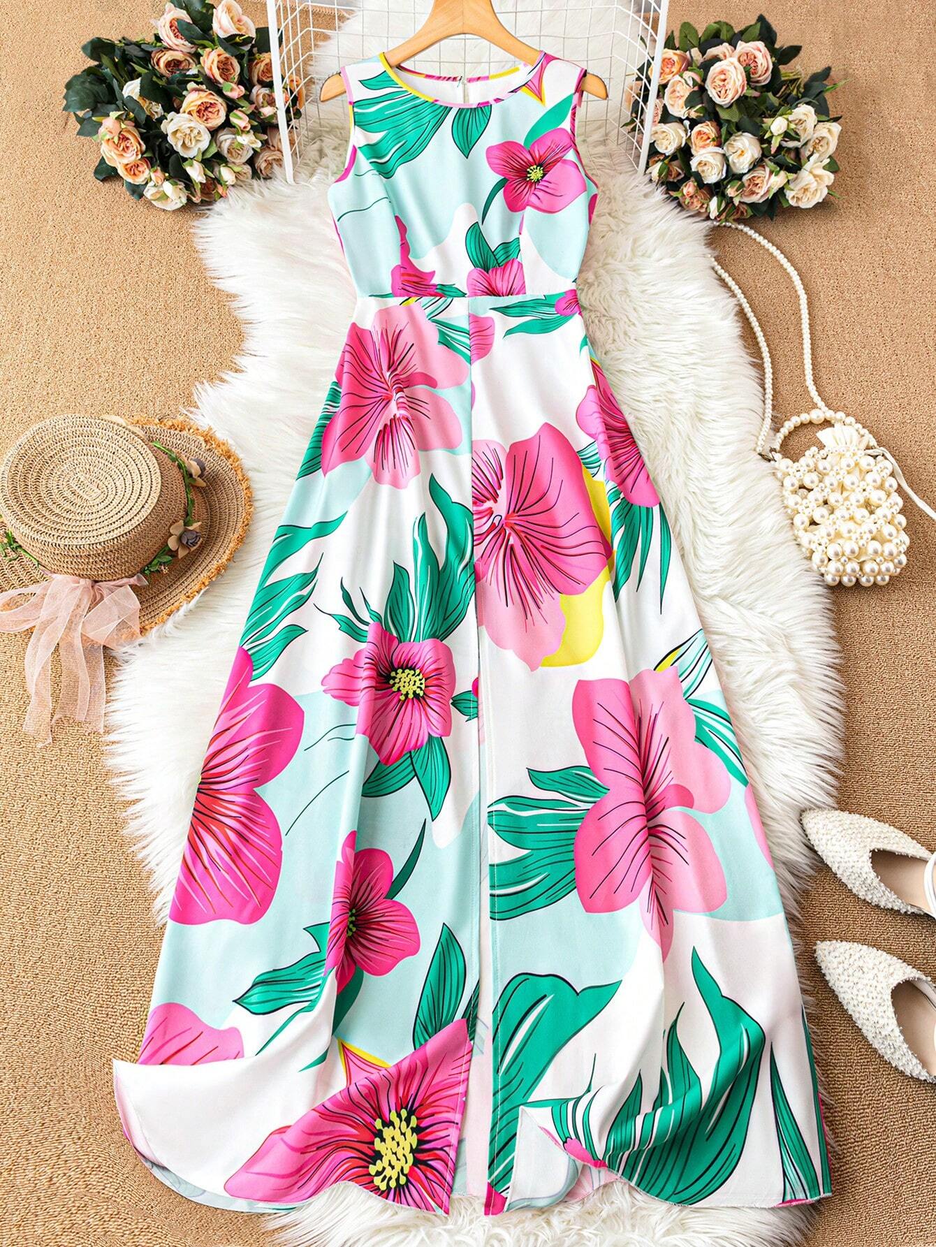 SHEIN LUNE Women Romantic Floral Print Dress With High Side Slit, Country Style