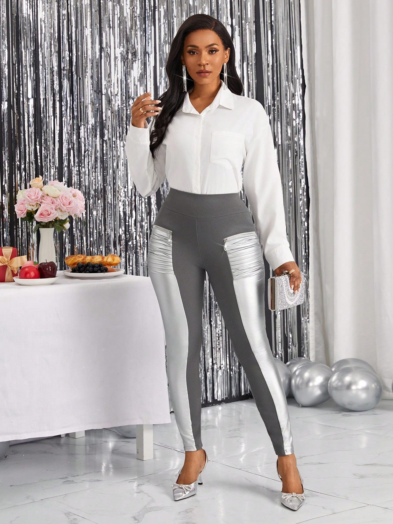 SHEIN Lady Two Tone Ruched Wide Waistband Leggings