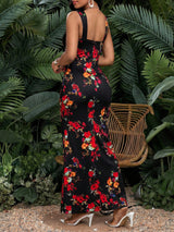 SHEIN Lady Women's Elegant Romantic All-Over Print Fitted Dress Long Floral Dresses For Women Party Dress
