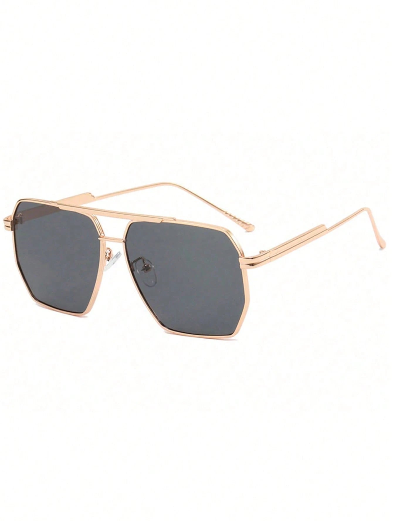 Sunglasses with rose gold frame and dark lenses on a white background