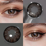 Four-panel collage showing LEERMOO brown contact lenses: one worn on a model's eye with eyelashes and shimmer makeup, one close-up of the lens design on a stand, and two additional close-ups of the lens pattern on the eye. The brand name LEERMOO is visible in the top-left corner.