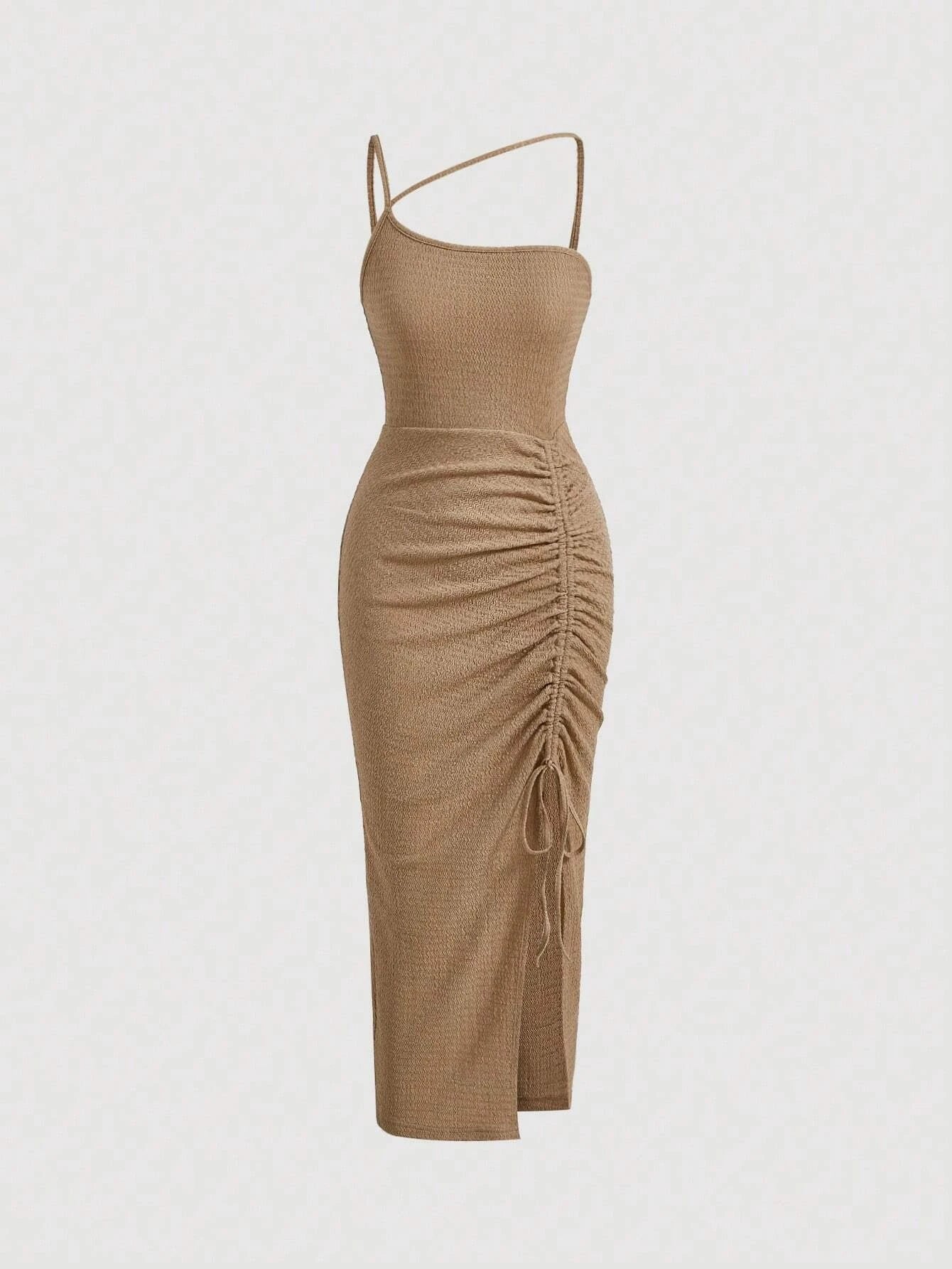 SHEIN MOD Asymmetrical Neck Drawstring Split Thigh Dress Ruched Dress