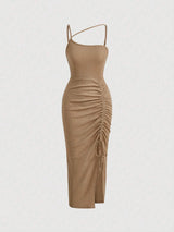 SHEIN MOD Asymmetrical Neck Drawstring Split Thigh Dress Ruched Dress