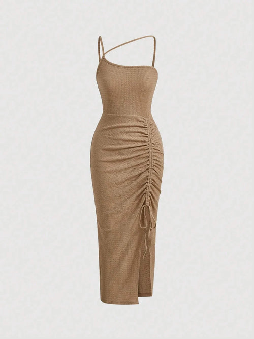 SHEIN MOD Asymmetrical Neck Drawstring Split Thigh Dress Ruched Dress