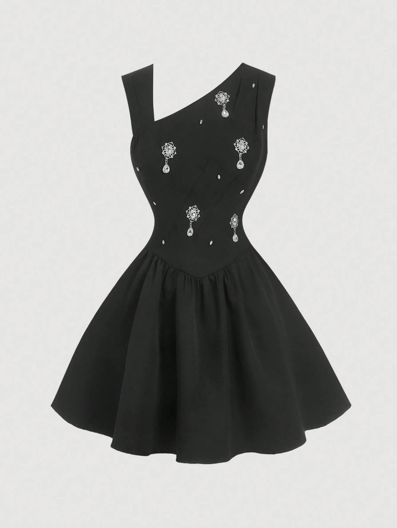 Black dress with decorative elements on a white background