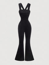 SHEIN MOD Black Color Cardigan With Simple Pleated Fitted Jumpsuit Flare Leg Pants, Casual Holiday Jumpsuit
