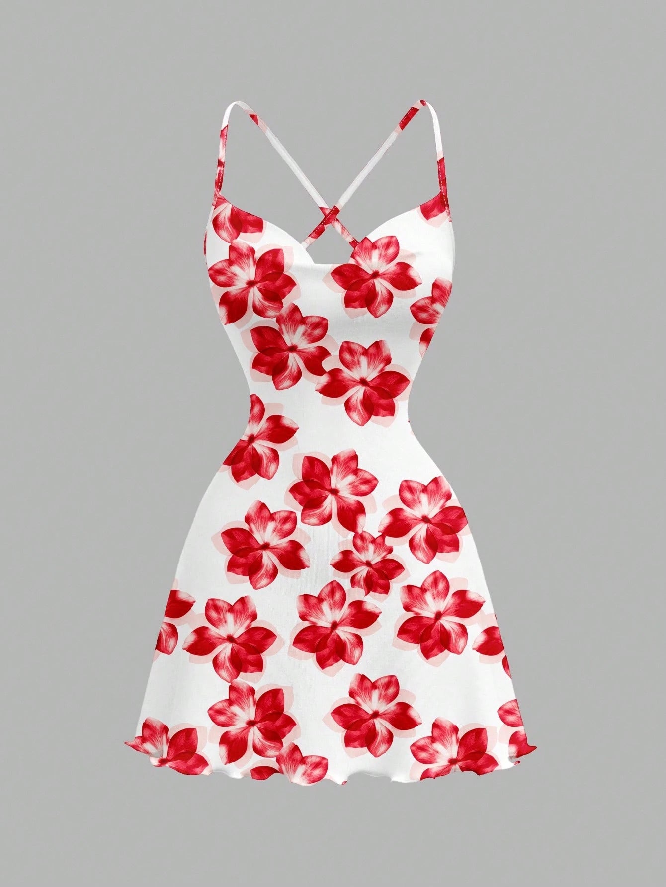 White dress with red floral pattern on a gray background