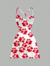 SHEIN MOD Casual Red Floral Print Pattern Spaghetti Strap Short Dress