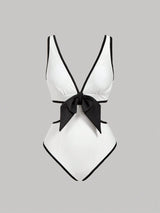 SHEIN MOD Elegant Minimalist Black & White Contrast Bowknot One-Piece Swimsuit