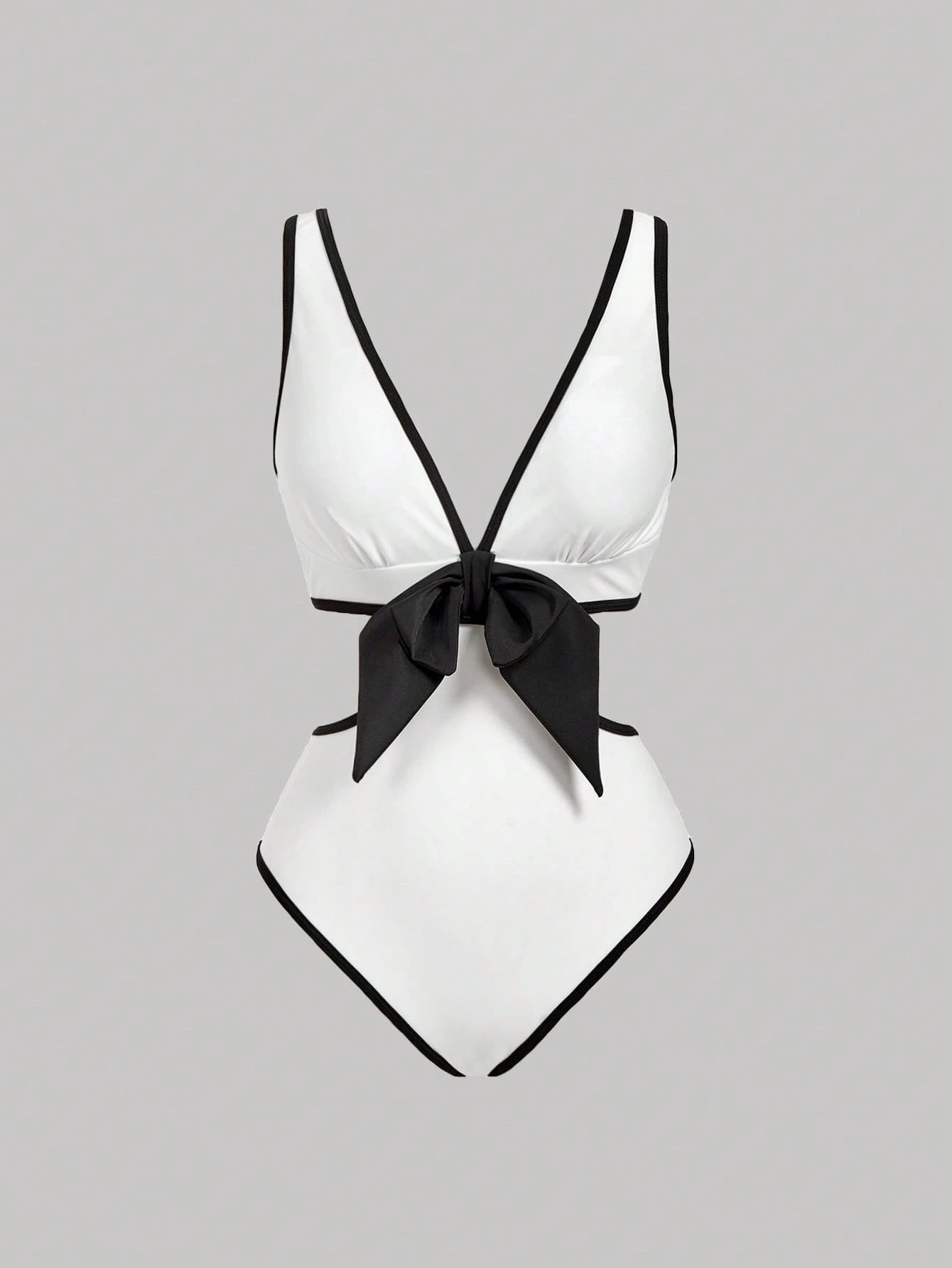 SHEIN MOD Elegant Minimalist Black & White Contrast Bowknot One-Piece Swimsuit