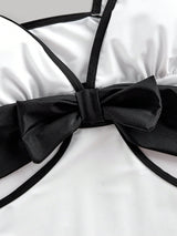 SHEIN MOD Elegant Minimalist Black & White Contrast Bowknot One-Piece Swimsuit
