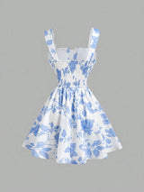 SHEIN MOD Elegant Romantic White And Blue Floral Floral Print Dress