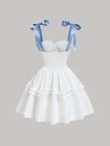 SHEIN MOD Elegant White And Blue Summer Tea Party Multilayer Puffy Dress