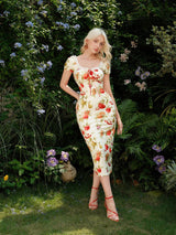 SHEIN MOD Front Ruffle Lace Up Fruit Print Cute Casual Dress