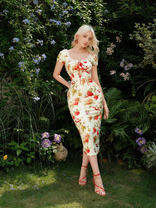SHEIN MOD Front Ruffle Lace Up Fruit Print Cute Casual Dress