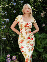 SHEIN MOD Front Ruffle Lace Up Fruit Print Cute Casual Dress