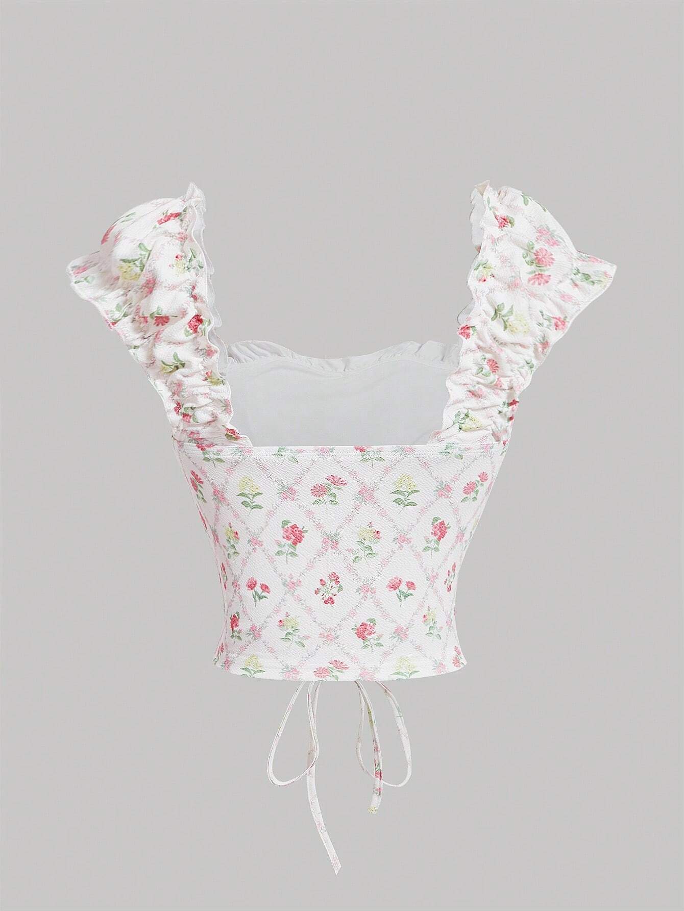 SHEIN MOD Slim Fit Knitted Floral Print Tie Strap Ruffled Women's Tank Top