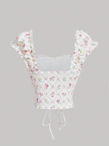 SHEIN MOD Slim Fit Knitted Floral Print Tie Strap Ruffled Women's Tank Top