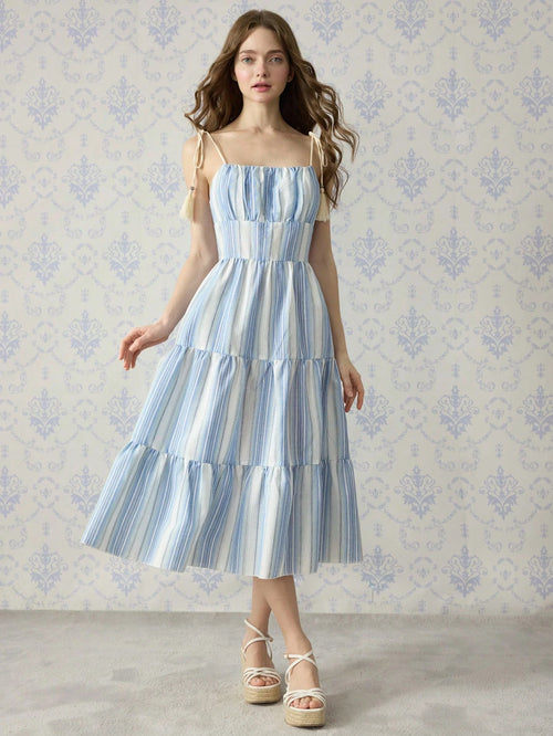 SHEIN MOD Striped Tie Bow Embellished Boho Holiday Dress