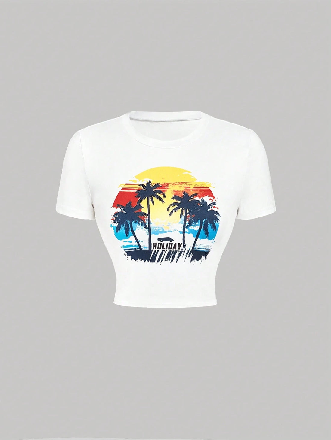SHEIN MOD White Cropped Center Front Landscape Print Vacation T-Shirt