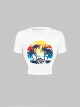 SHEIN MOD White Cropped Center Front Landscape Print Vacation T-Shirt