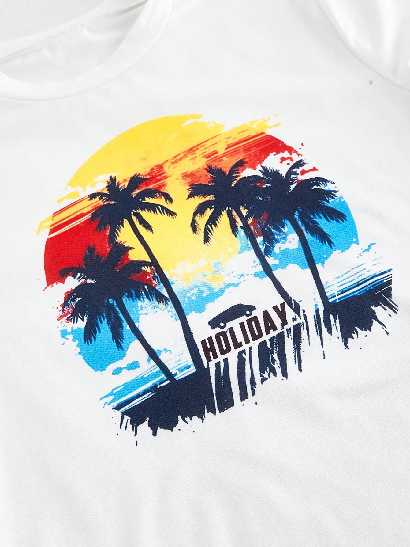 SHEIN MOD White Cropped Center Front Landscape Print Vacation T-Shirt