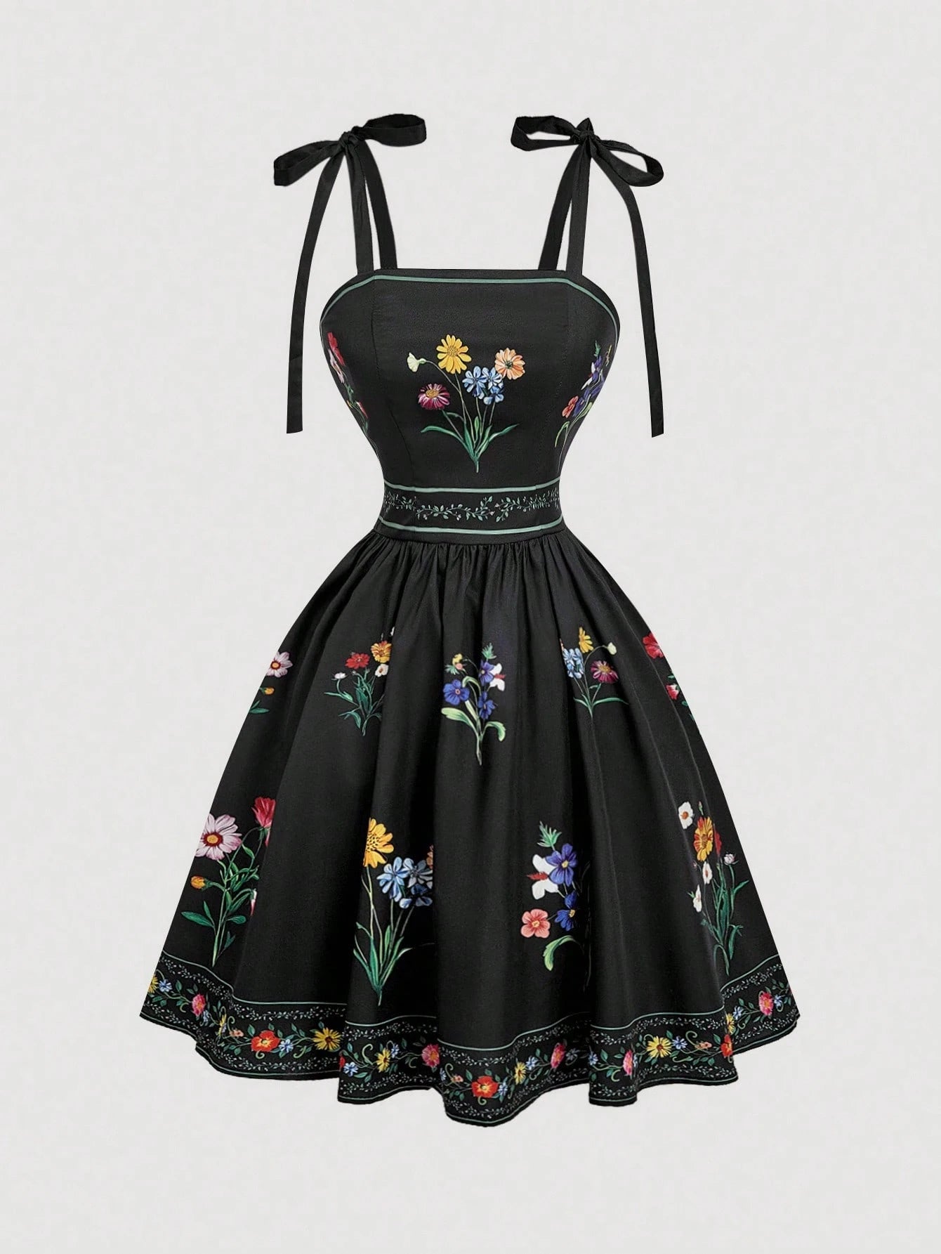 Black dress with floral embroidery on a white background