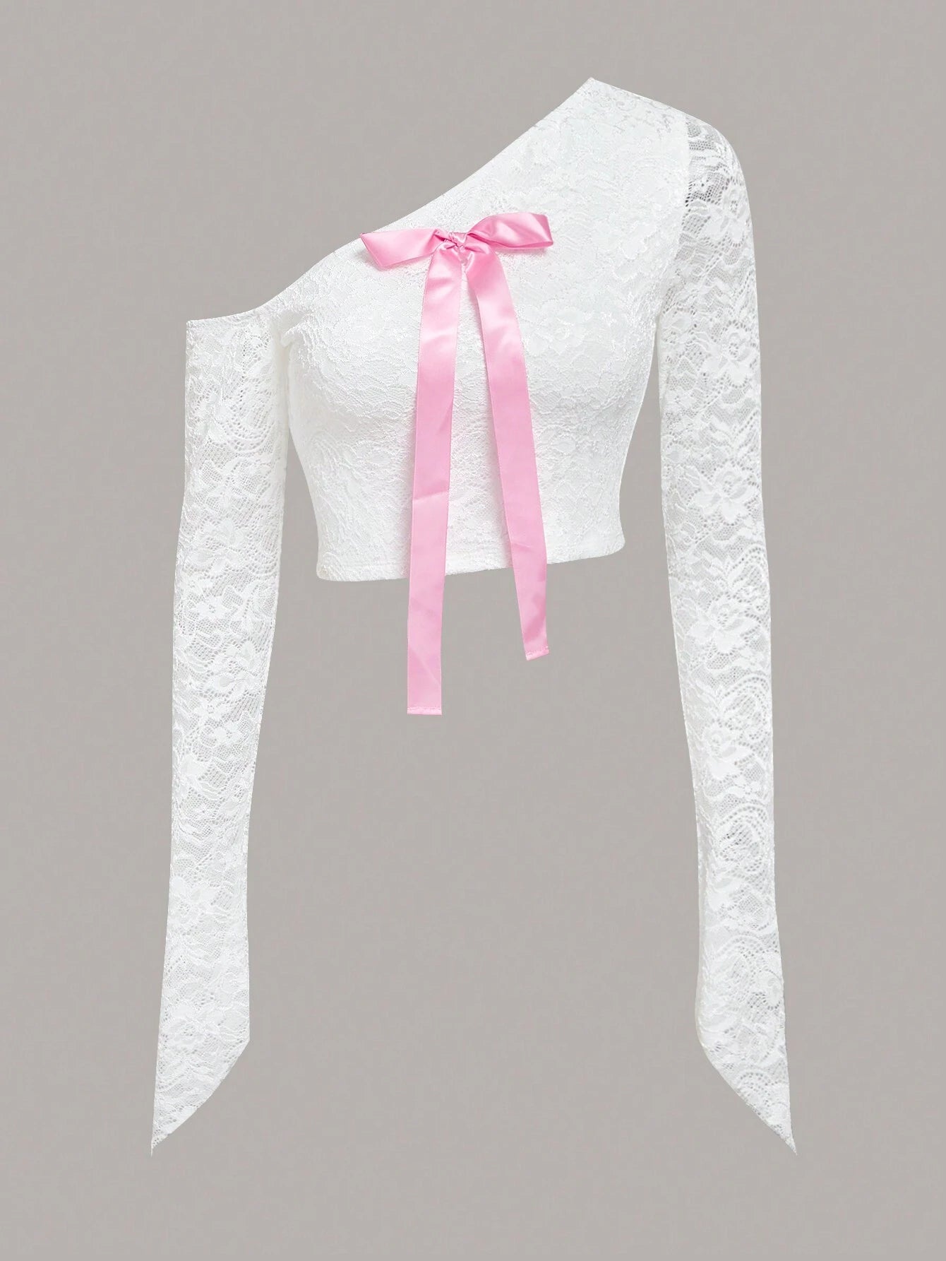 White lace top with a pink ribbon on a gray background
