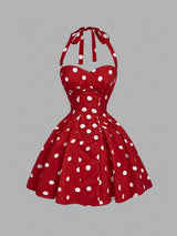 Red polka dot dress on a gray background