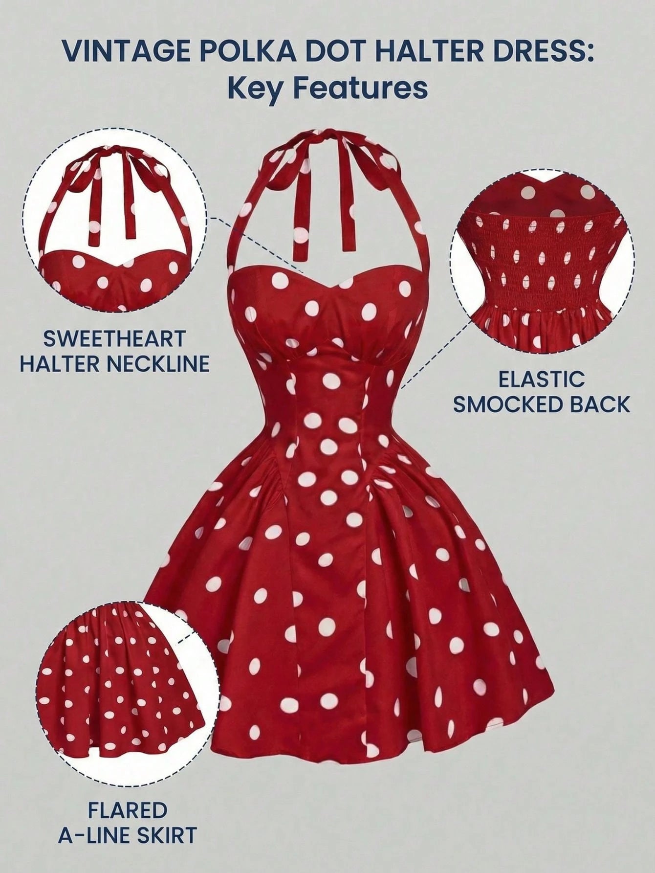 Vintage polka dot halter dress with key features highlighted on a gray background