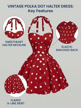 Vintage polka dot halter dress with key features highlighted on a gray background