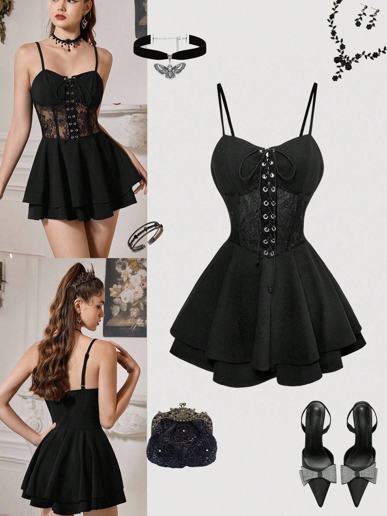 Black lace dress with accessories on a white background