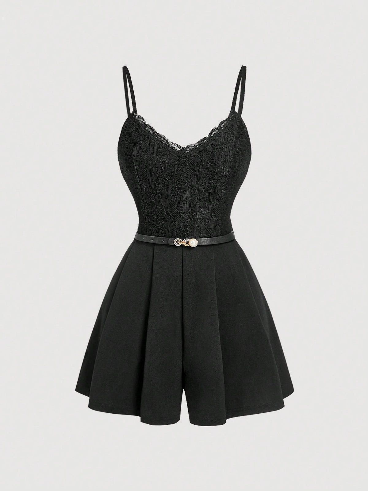 A black camisole romper with thin shoulder straps, a lace-trimmed V-neckline, a structured corset-style bodice, a slim waist belt, and short flared legs, shown on a plain light gray background.
