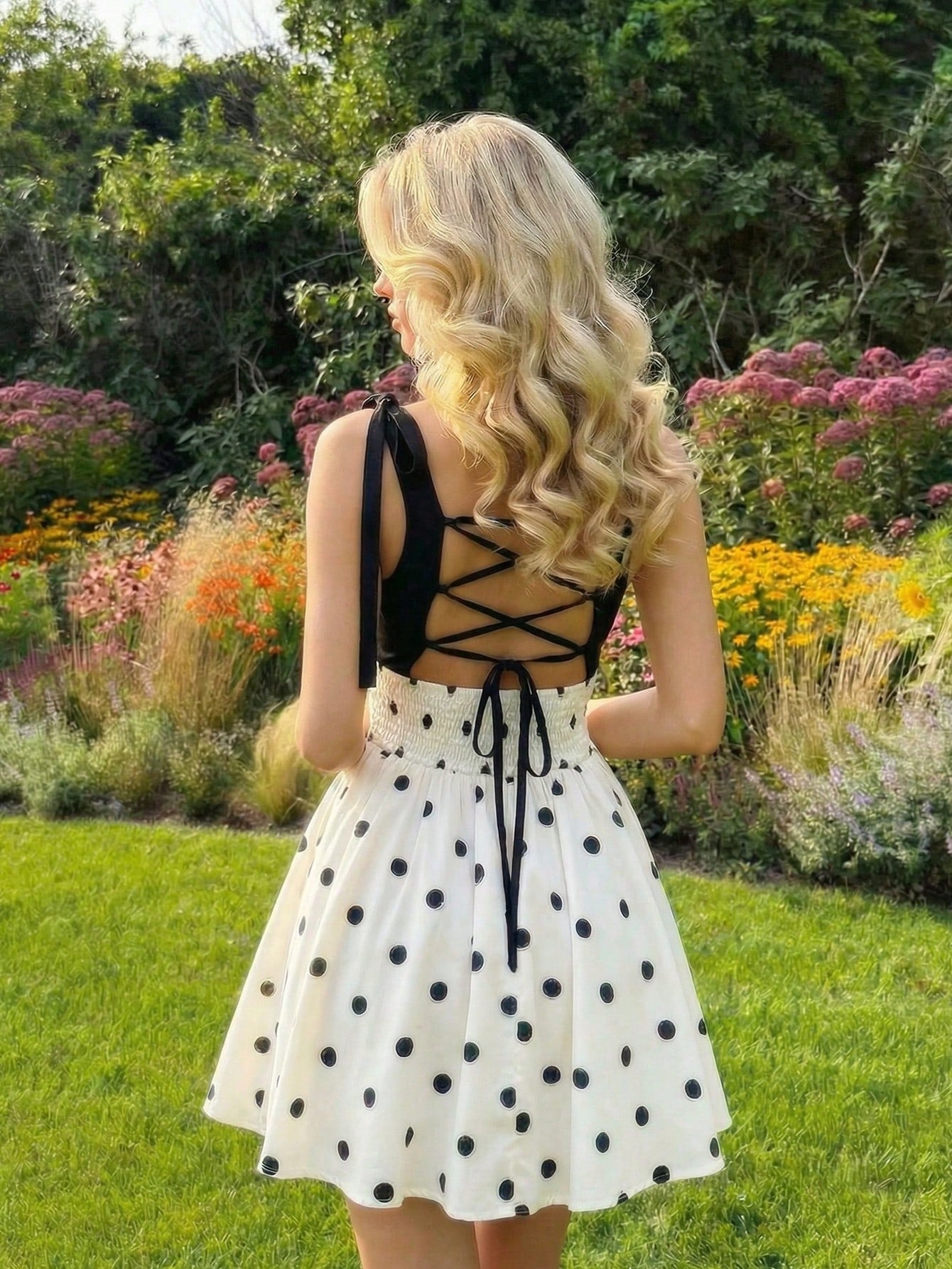 SHEIN MOD Women's Polka Dot Romantic Backless Tie-Up Bowknot Dress