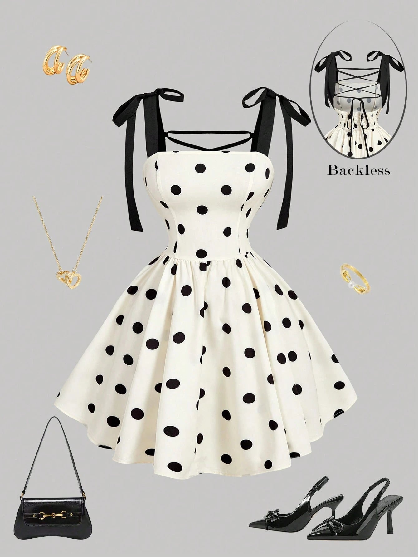 SHEIN MOD Women's Polka Dot Romantic Backless Tie-Up Bowknot Dress