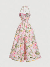 SHEIN MOD Women's Romantic Floral Print Halter Mid-Length Dress