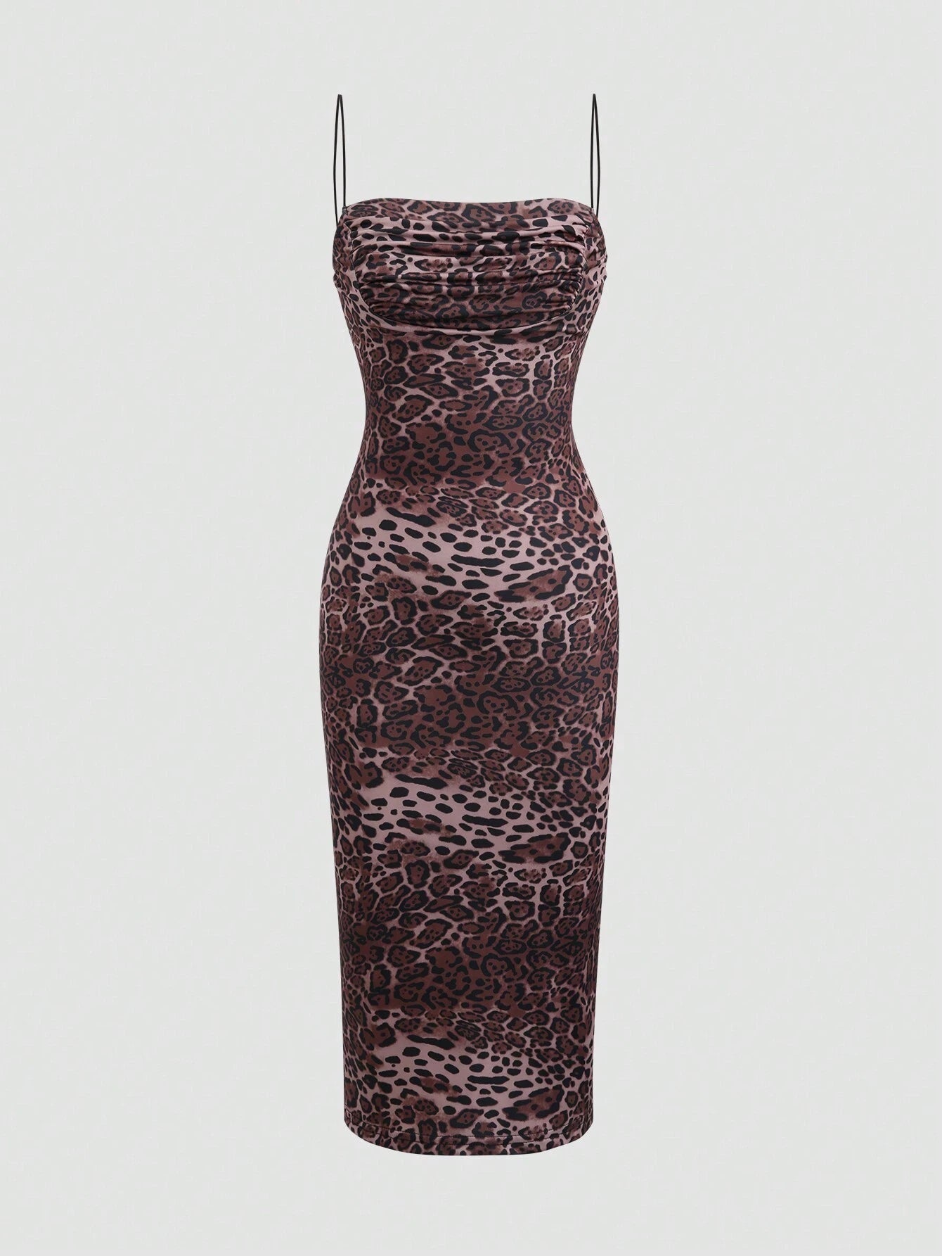 SHEIN EZwear Women's Leopard Print Ruched Maxi Camisole Dress, Fitted