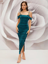 SHEIN Modely Women's Solid Color Pleated Cold Shoulder Bodycon Cami Dress With Side Slit