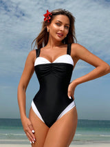 SHEIN New 2 Pieces Women's One-Piece Swimsuit With Wide Straps, Ruched Tummy Control