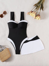 SHEIN New 2 Pieces Women's One-Piece Swimsuit With Wide Straps, Ruched Tummy Control